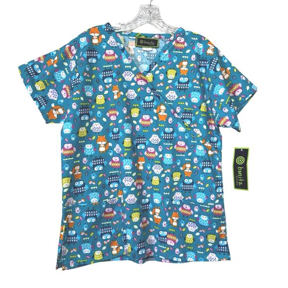 Bonita Tops - Bonita Scrubs Women's Scrub Top Medium V-Neck Patch Pockets Print Turquoise